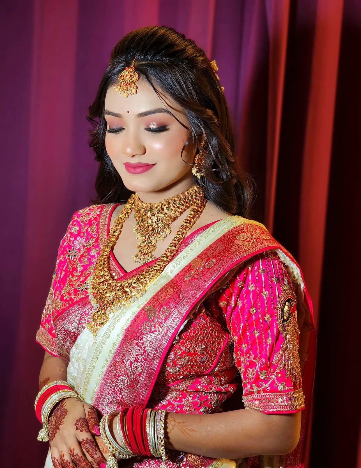 Engagement makeup look with elegant eye makeup, flawless base and traditional styling by Palak Beauty Care in Morar, Gwalior.